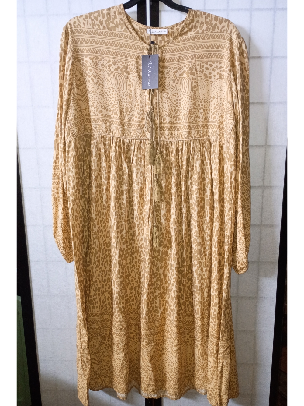 R. Vivimos Neutral Tan Printed Boho Tunic Dress